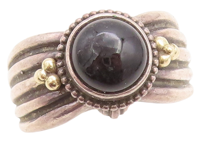 18k Gold 925 Sterling Silver Vintage Ring Grooved Cabochon Onyx Sz 10.5 RG31514