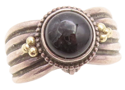 18k Gold 925 Sterling Silver Vintage Ring Grooved Cabochon Onyx Sz 10.5 RG31514