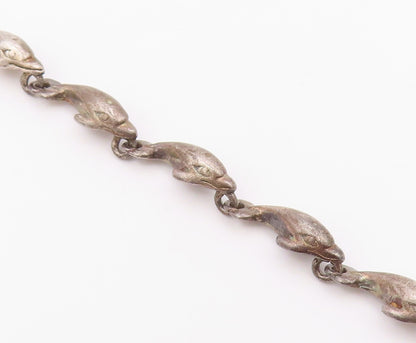 925 Sterling Silver  Vintage Dark Tone Dolphin Motif Chain Bracelet  BT6197