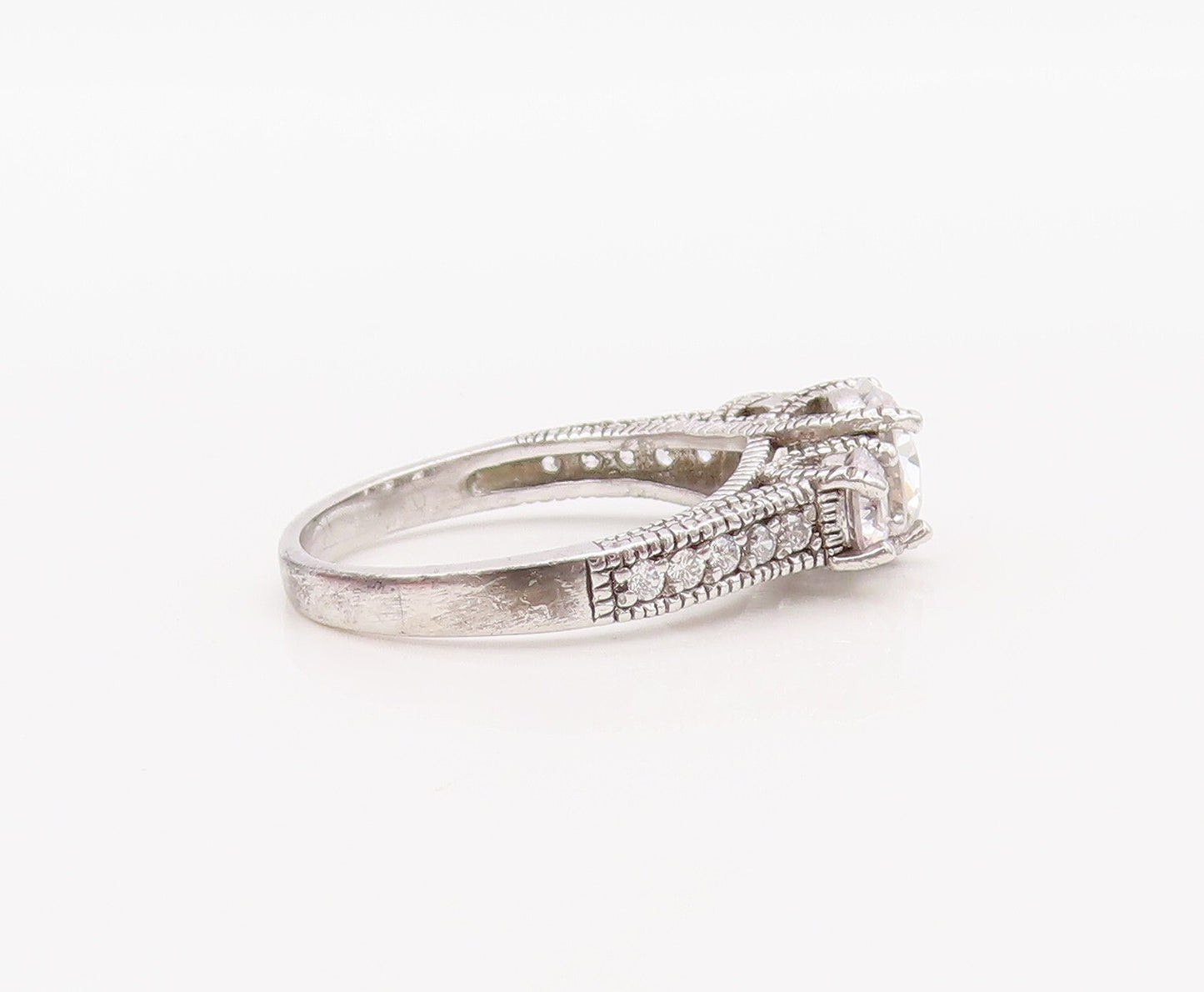 925 Sterling Silver Vintage Ring Modernist 3 White CZ Inlay  Sz 7  RG30295