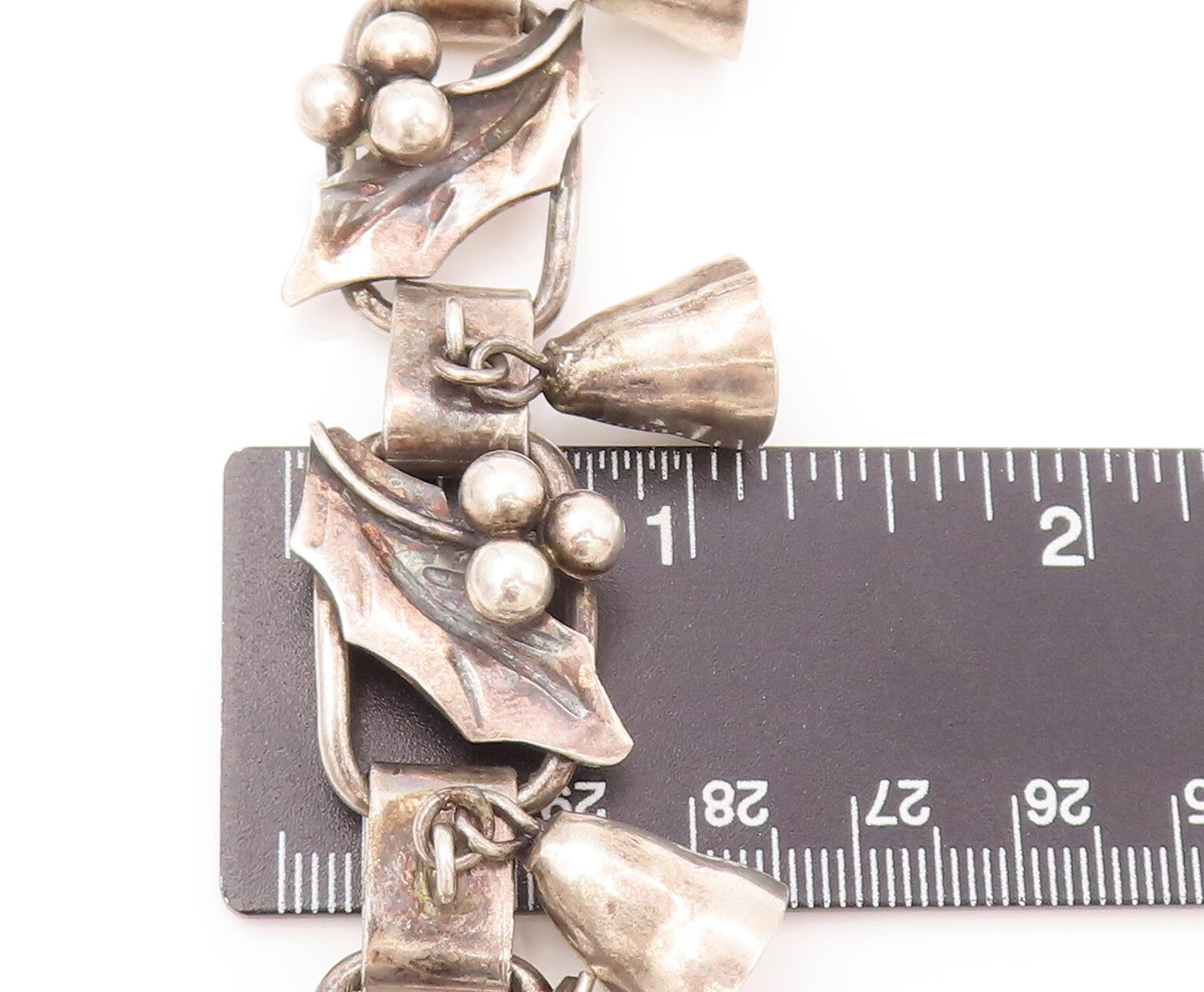 MEXICO 925 Silver  Vintage Framed Leaf With Cherry & Jingles  Bracelet  BT9869