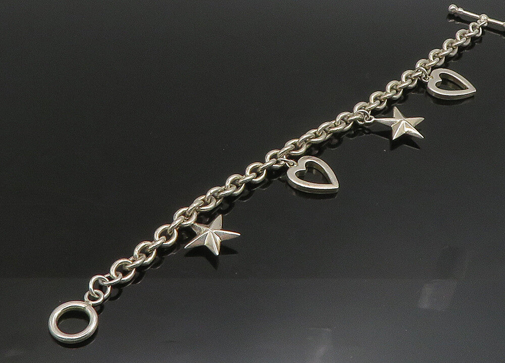 925 Sterling Silver  Vintage Shiny Love Heart & Stars Chain Bracelet  BT9070