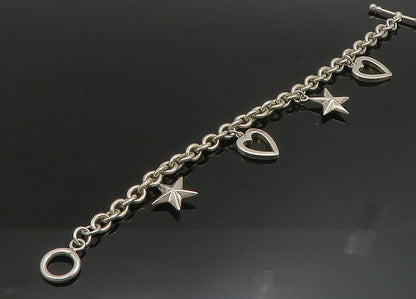 925 Sterling Silver  Vintage Shiny Love Heart & Stars Chain Bracelet  BT9070