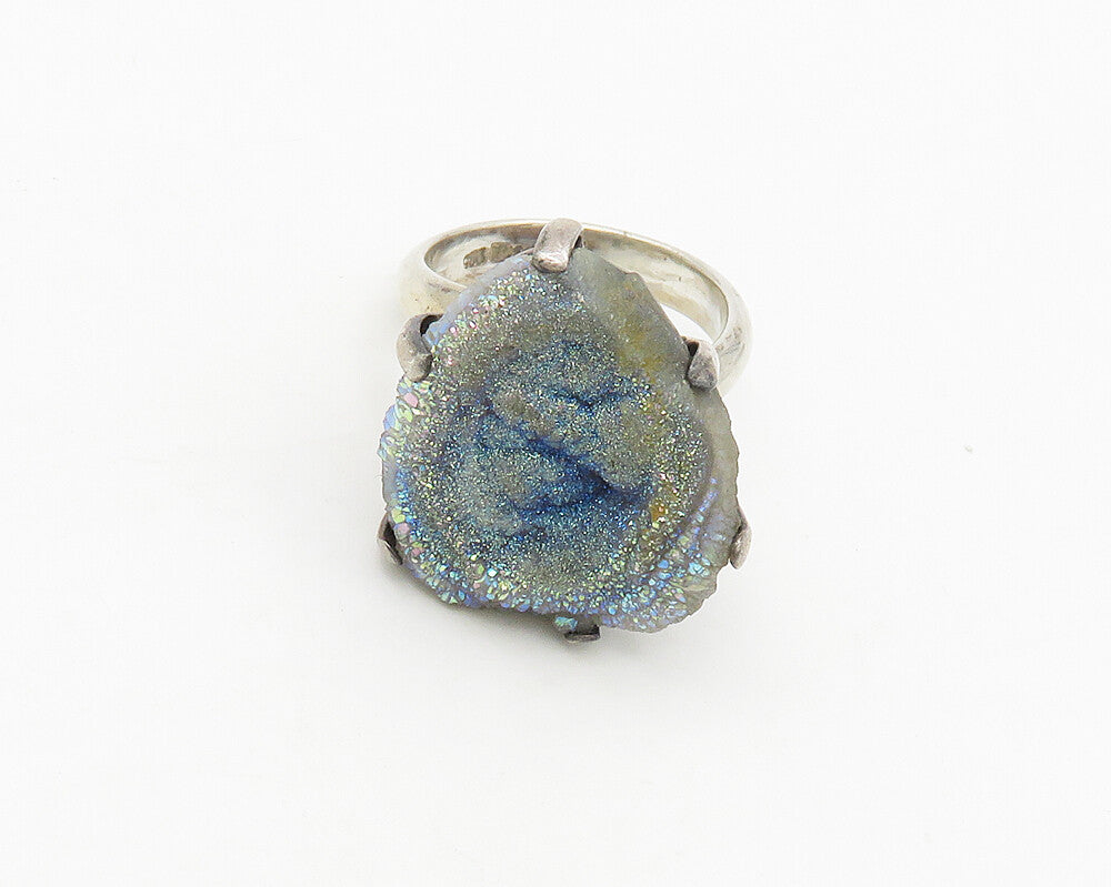 925 Sterling Silver  Vintage Blue Druzy Stone Cocktail Ring Sz 8  RG18196