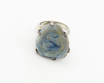 925 Sterling Silver  Vintage Blue Druzy Stone Cocktail Ring Sz 8  RG18196
