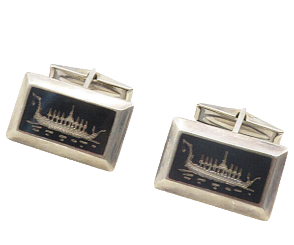 SIAM 925 Sterling Silver  Vintage Enamel Dragon Boat Square Cuff Links  TR1568