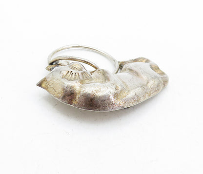 MEXICO 925 Sterling Silver  Vintage Shiny Playful Cat Motif Brooch Pin  BP1956