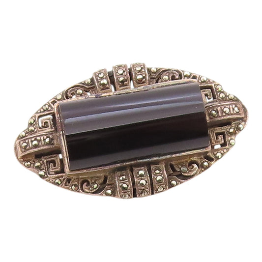 925 Sterling Silver  Vintage Black Onyx & Marcasite Cutout Brooch Pin  BP4774
