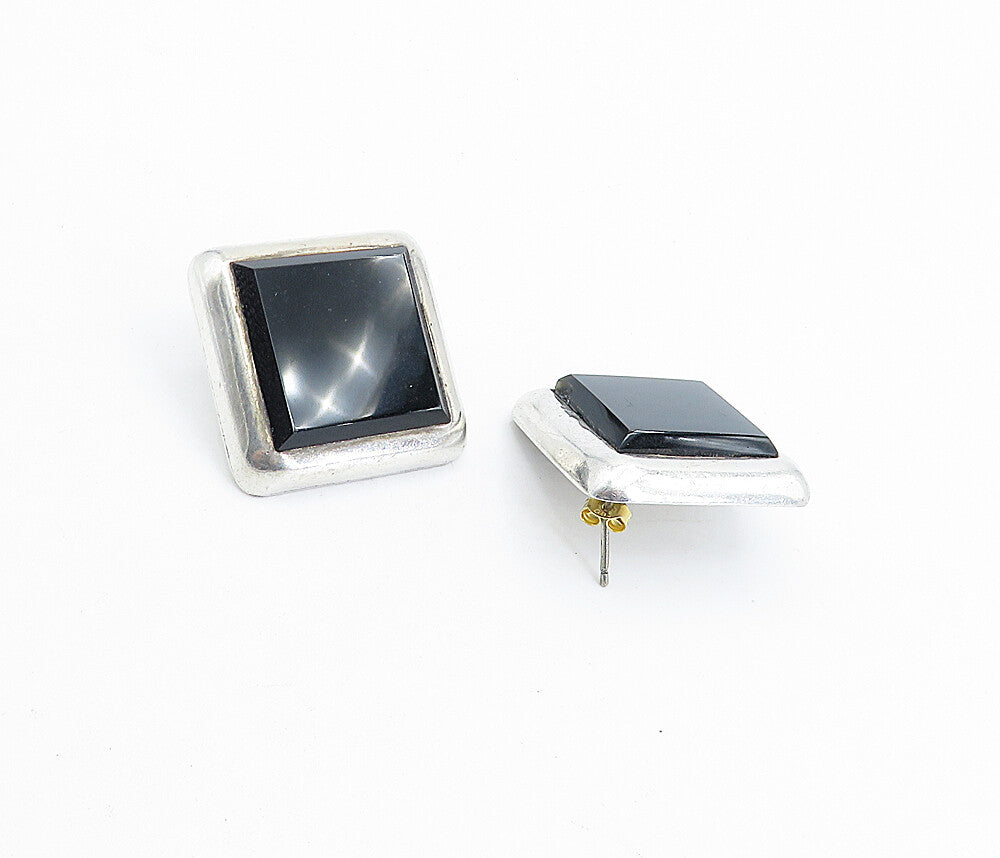MEXICO 925 Sterling Silver  Vintage Black Onyx Square Drop Earrings  EG2606