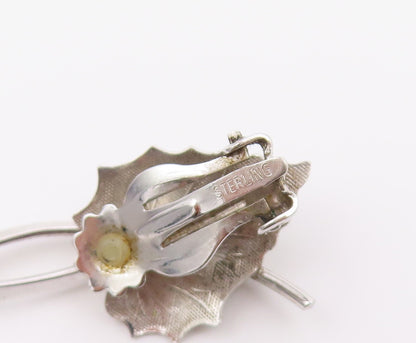 925 Sterling Silver Vintage Earrings Modernist Textured Leaf Clip On  EG14475