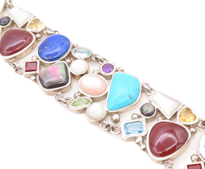 925 Sterling Silver Vintage Mother Of Pearl & Multi Stone Chain Bracelet BT3092