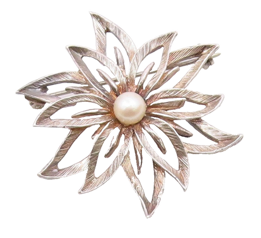 925 Sterling Silver  Vintage Cultured Pearl Flower Motif Brooch Pin  BP8927