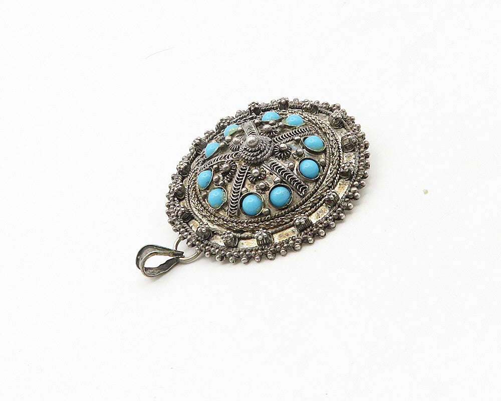 ISRAEL 925 Silver  Vintage Antique Turquoise Ornate Floral Brooch Pin  BP7401