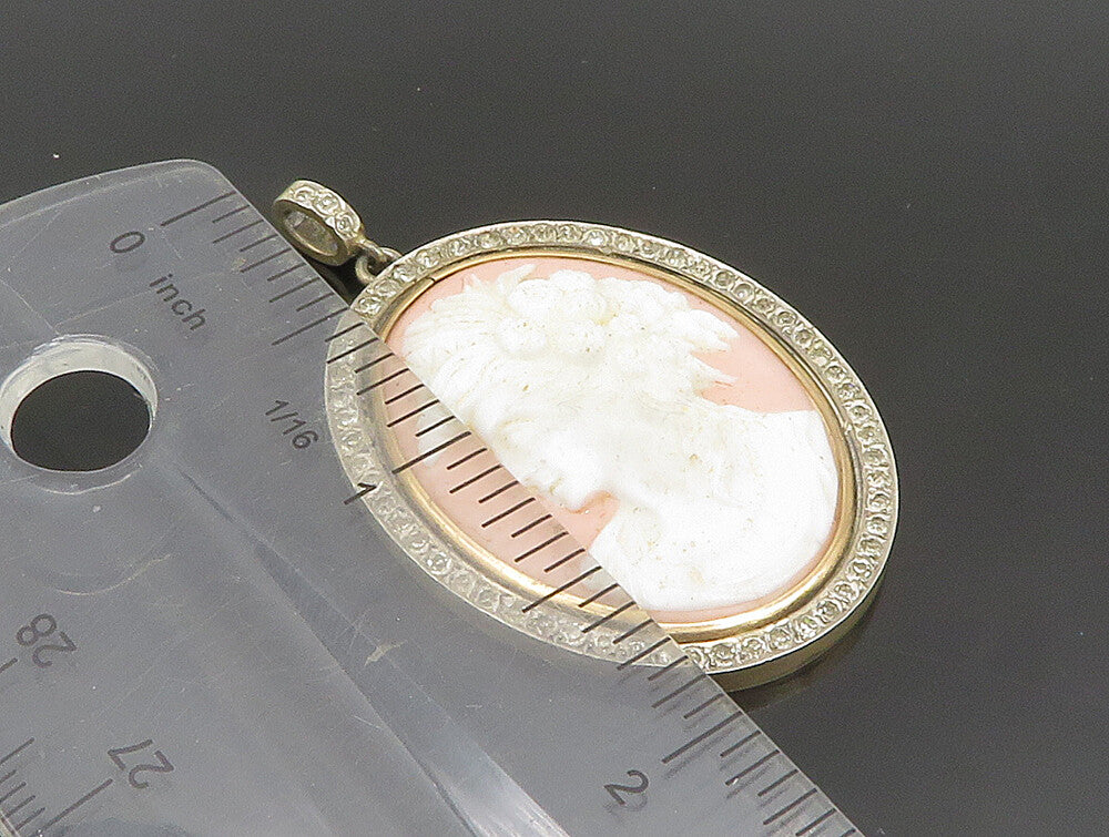 925 Sterling Silver  Vintage Sparkly Topaz Carved Woman Cameo Pendant  PT20389