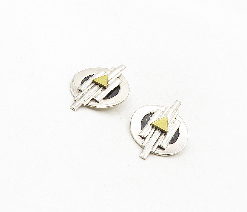 MEXICO 925 Silver  Vintage Two Tone Modernist Non Pierce Earrings  EG4786