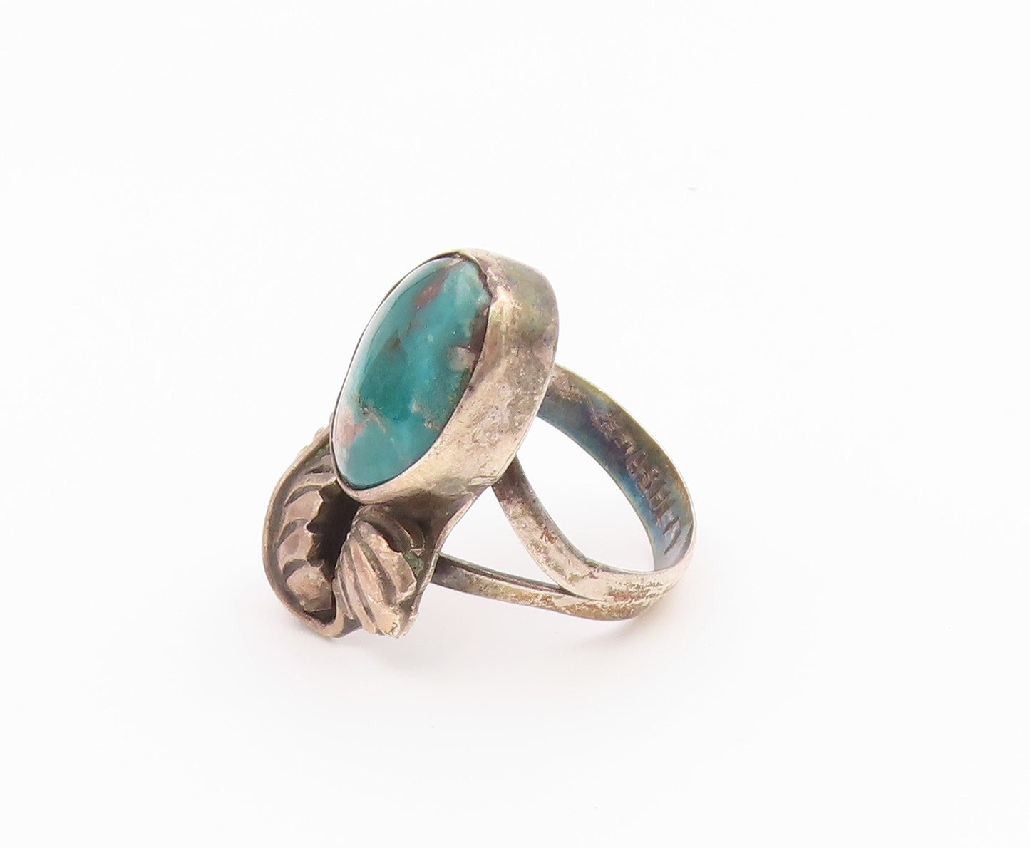 925 Sterling Silver Vintage Ring ASHLEY NAVAJO Turquoise Leaf  Sz 8.5  RG36580