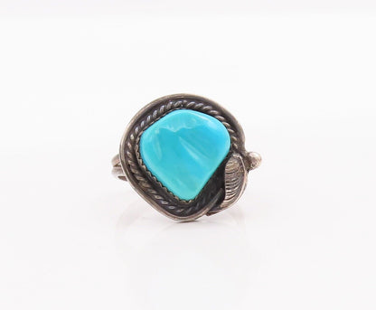 925 Sterling Silver Vintage Ring NAVAJO Floral Carved Turquoise  Sz 7  RG28336