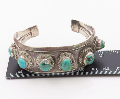 925 Sterling Silver Vintage Bracelet NAVAJO Turquoise Rope Border Cuff  BT12106