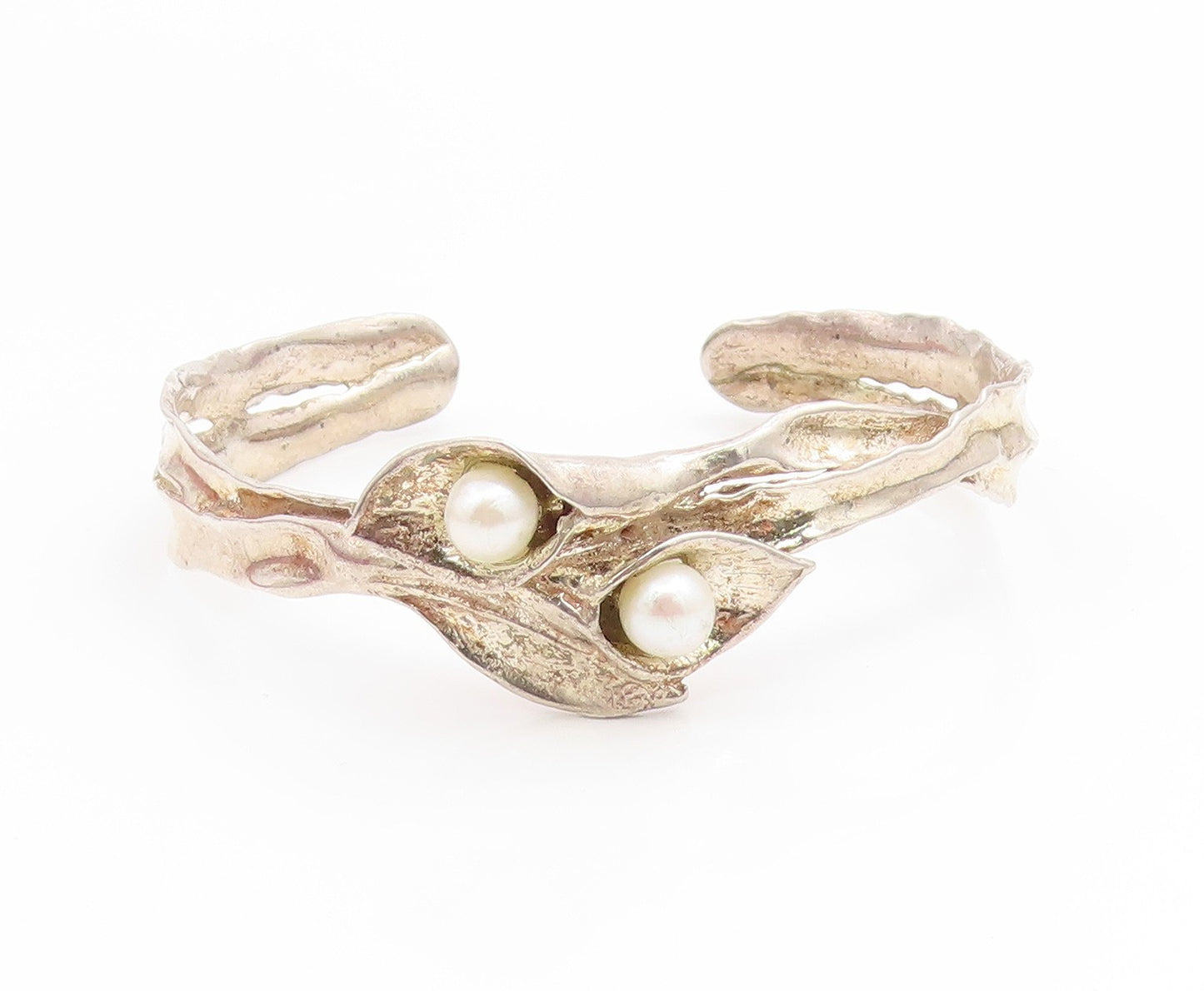 925 Sterling Silver Vintage Bracelet ISRAEL Pearl & Leaf Brutalist Cuff  BT11897