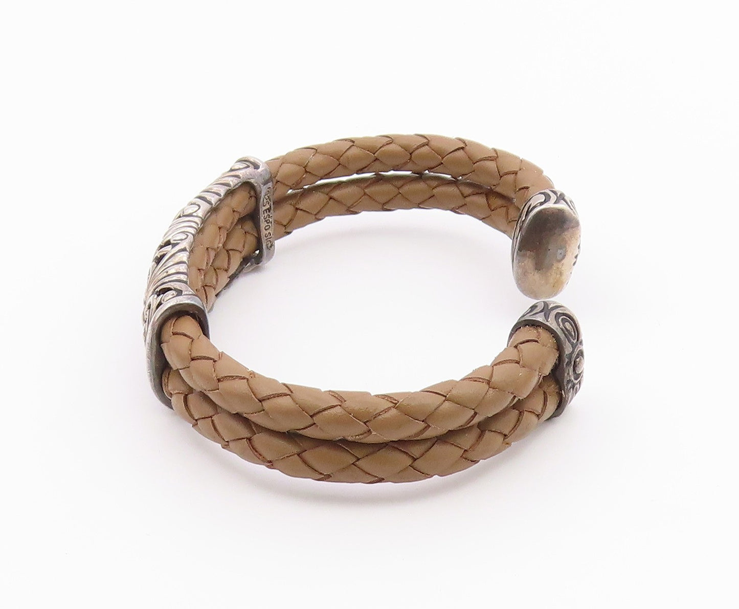 ESPO SIG 925 Silver  Vintage Brass Scroll Detail Leather Cuff Bracelet  BT9391