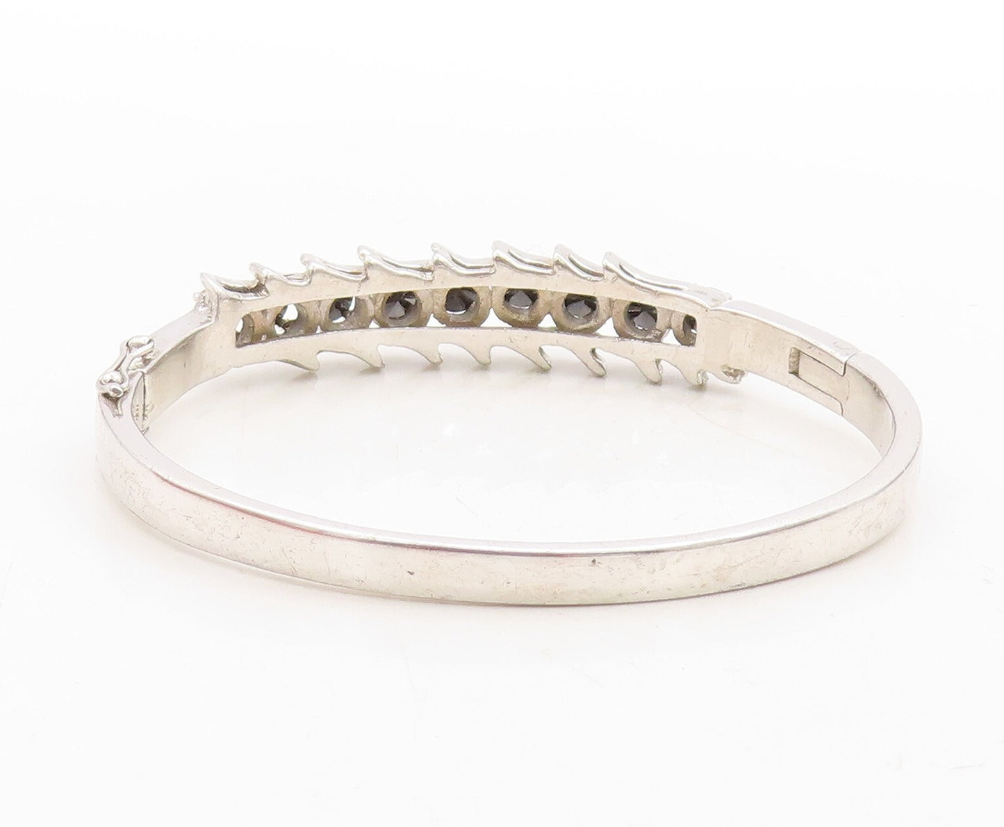 925 Sterling Silver Vintage Bracelet Spikey Carved Black Diamonds Bangle BT10971