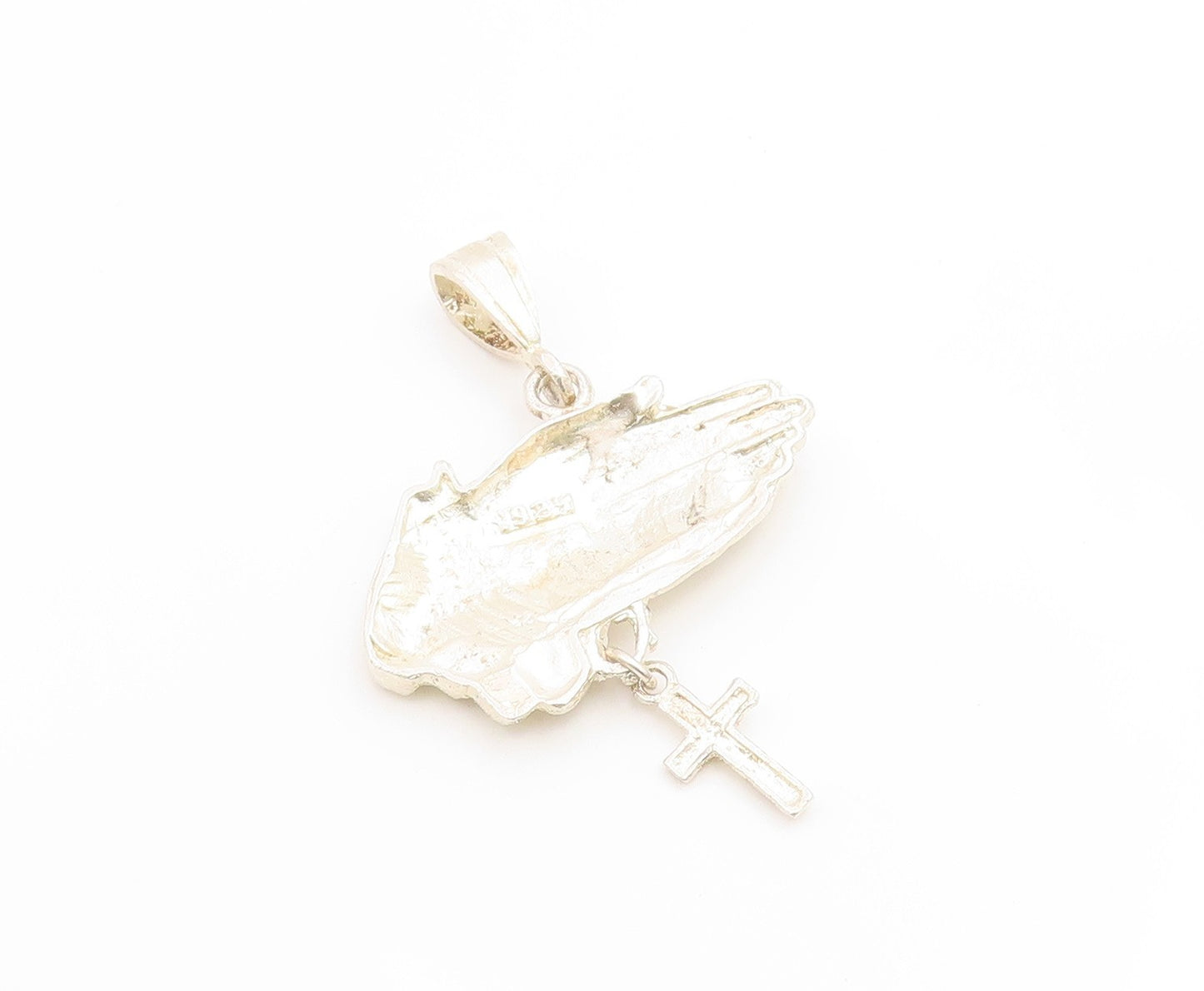 925 Sterling Silver Vintage Pendant Etched Praying Hands With Holy Cross PT25967