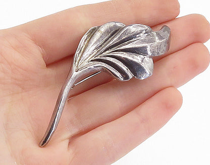 925 Sterling Silver  Vintage Dark Tone Sculpted Single Leaf Brooch Pin  BP2676