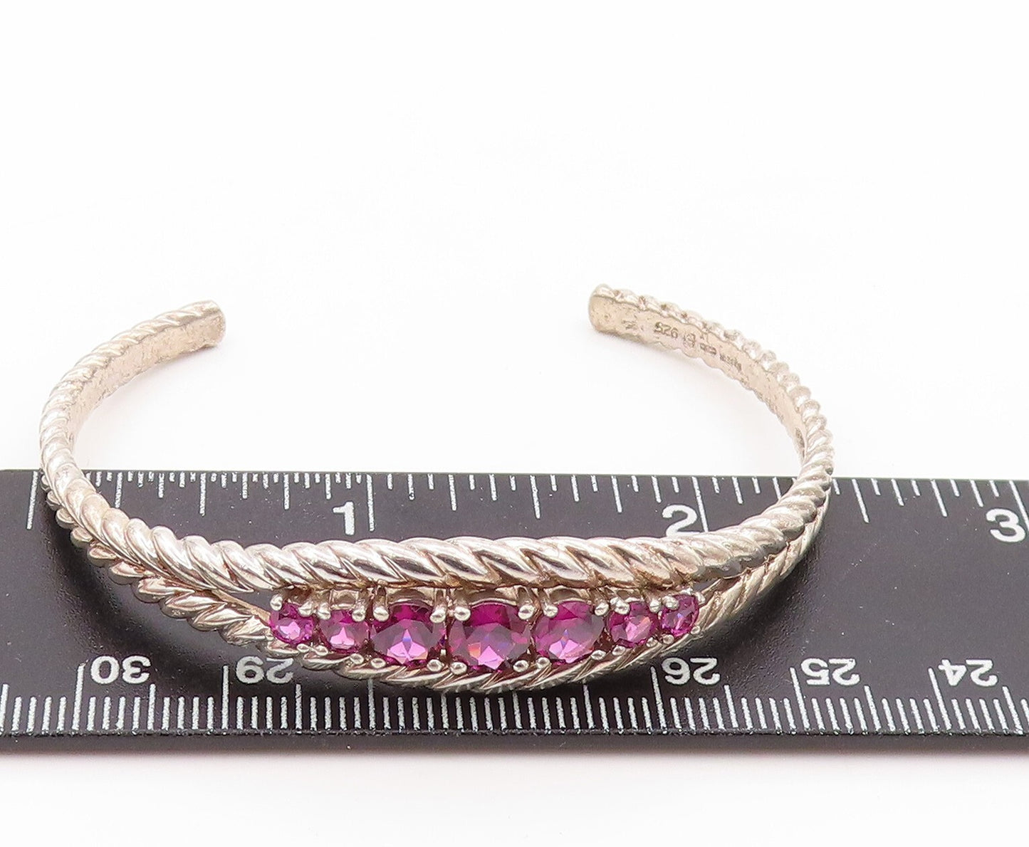 925 Sterling Silver Vintage Bracelet Designer Round Pink CZ Roped Cuff  BT11067