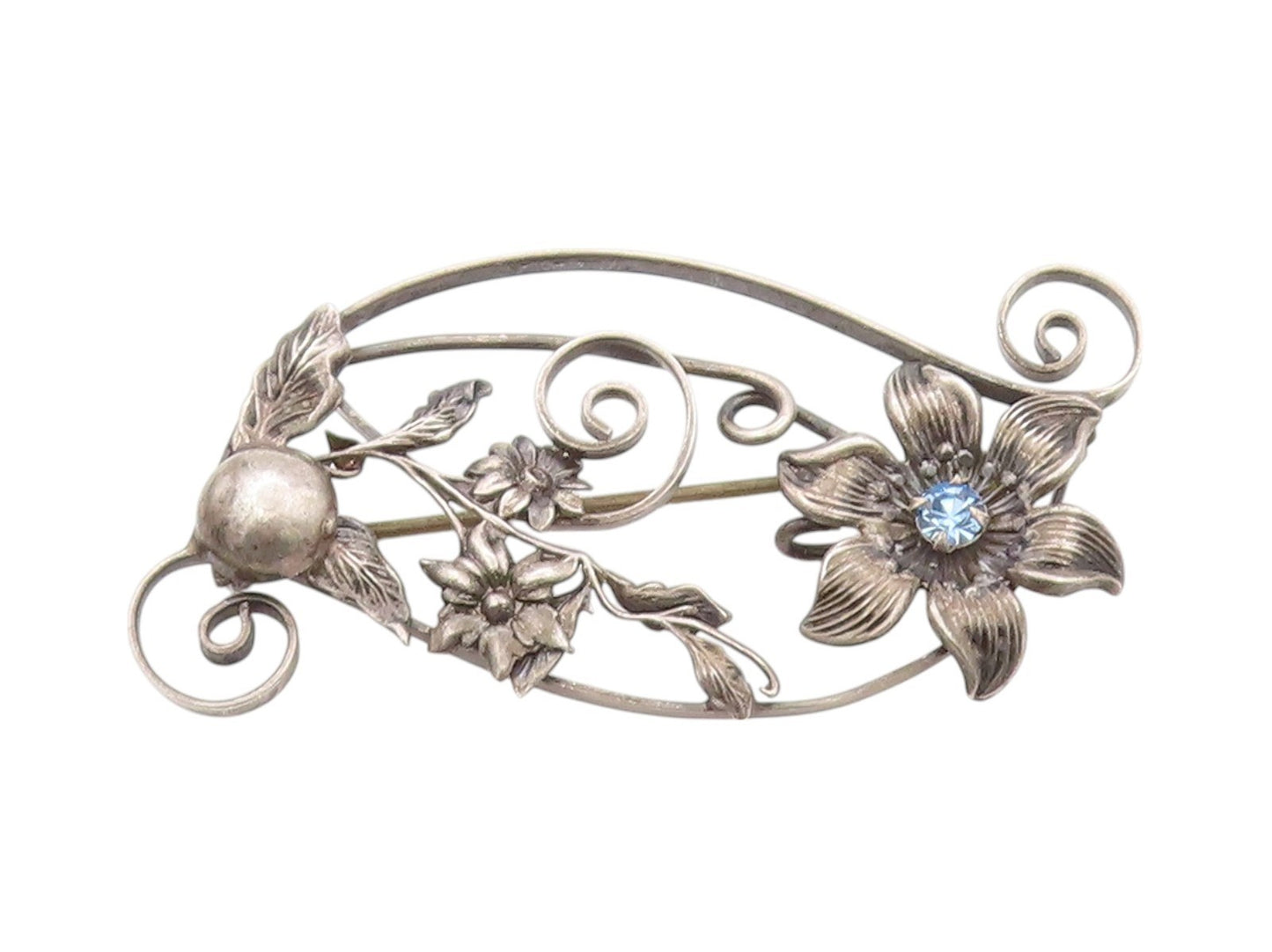 925 Sterling Silver Vintage Brooch Blue CZ Swirls & Flowers Cutout  BP11628