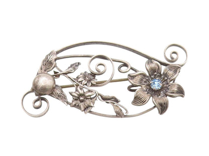 925 Sterling Silver Vintage Brooch Blue CZ Swirls & Flowers Cutout  BP11628