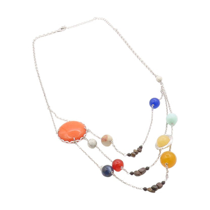 925 Sterling Silver Vintage Necklace Multi Gemstone Solar System Chain  NE4631