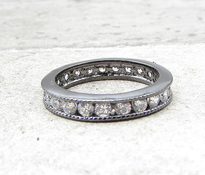 925 Silver  White Cubic Zirconia Dark Tone Eternity Band Ring Sz 7  RG1637