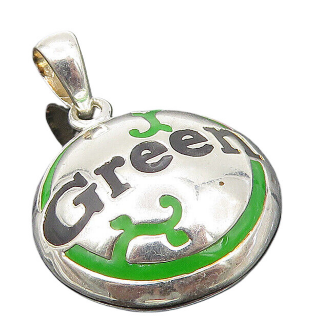 925 Sterling Silver  Vintage Shiny Enamel Green Round Dome Pendant  PT9035