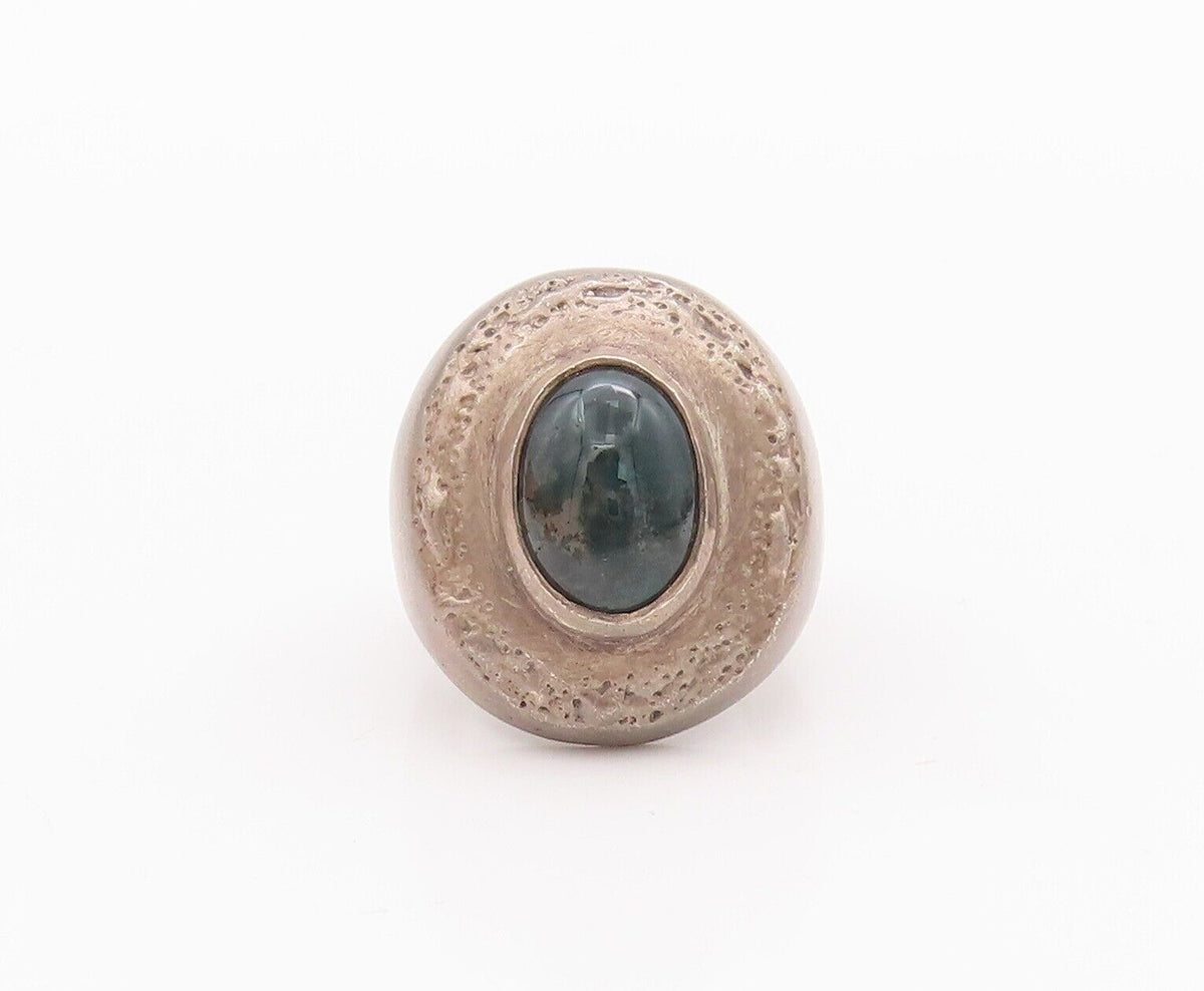 925 Sterling Silver Vintage Ring Rough Carved Large Green Gemstone Sz 8  RG28294