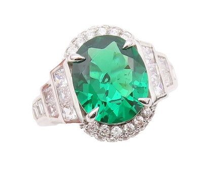 925 Sterling Silver Vintage Ring Designer Oval Green Halo White CZ  Sz 7 RG30005