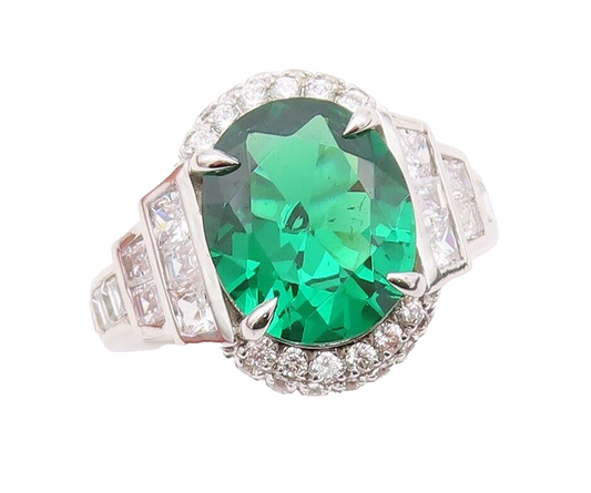 925 Sterling Silver Vintage Ring Designer Oval Green Halo White CZ  Sz 7 RG30005