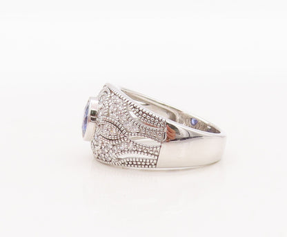 925 Sterling Silver Vintage Ring Floral Carved Blue & White CZ  Sz 7  RG29547