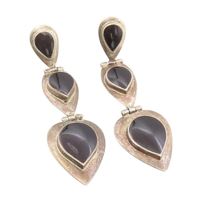 925 Sterling Silver Vintage Earrings Cabochon Black Onyx Teardrop Dangle EG13983