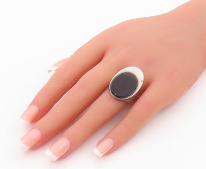 925 Sterling Silver Vintage Ring Modernist Oval Onyx Design  Sz 6  RG32075