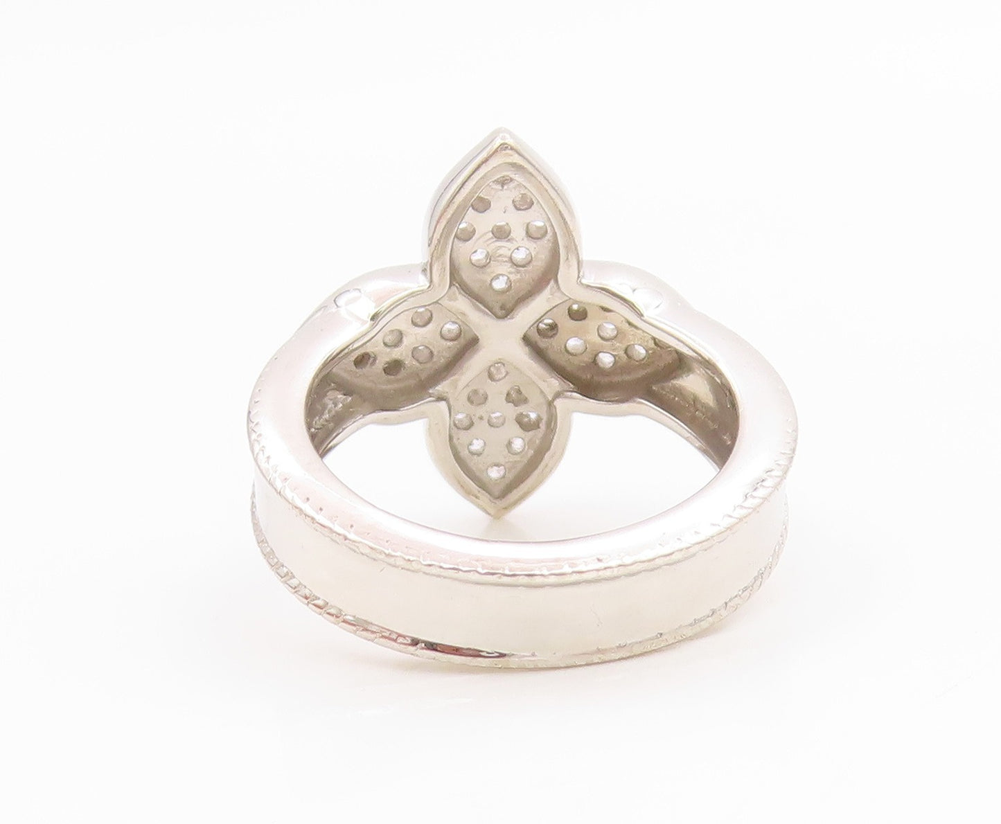 925 Sterling Silver Vintage Ring Modernist CZ Floral Petal Band  Sz 5  RG35624