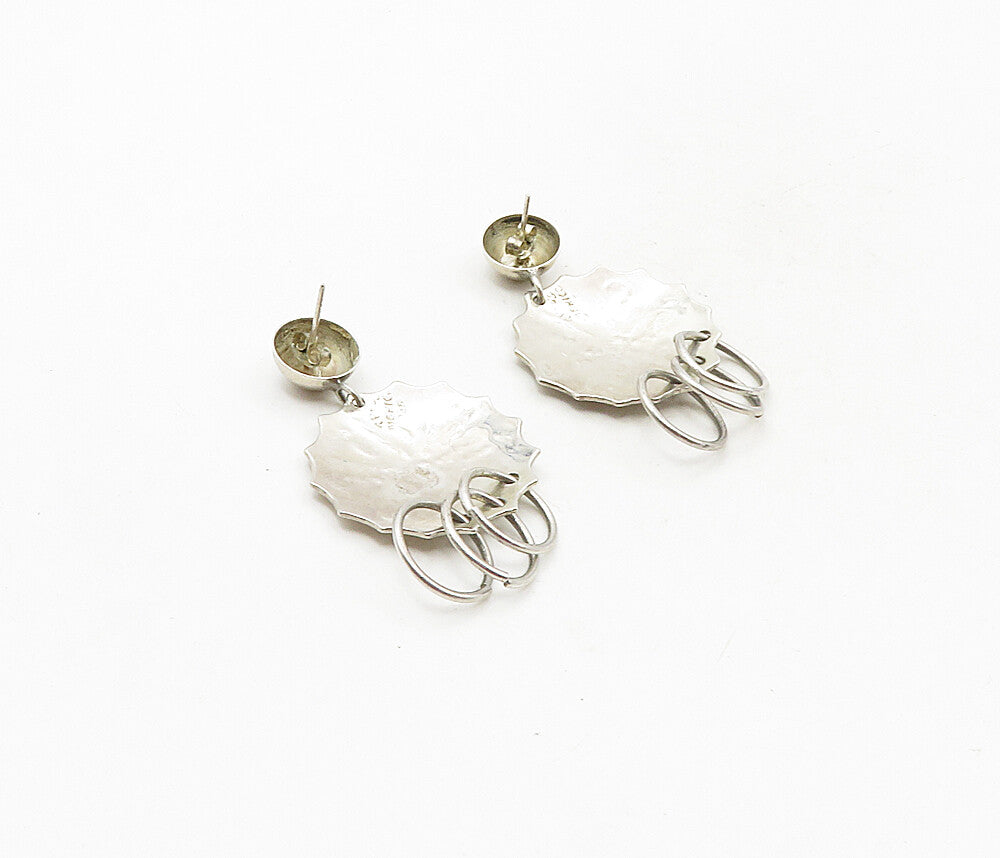 MEXICO 925 Silver  Vintage Shiny Floral Etched Design Dangle Earrings  EG4676