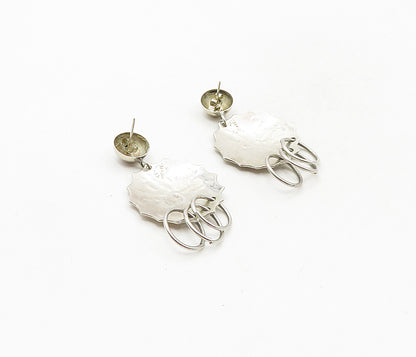 MEXICO 925 Silver  Vintage Shiny Floral Etched Design Dangle Earrings  EG4676