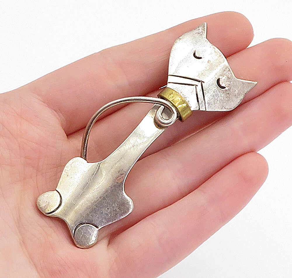 MEXICO 925 Sterling Silver  Vintage Shiny 2 Tone Sitting Cat Brooch Pin BP1967