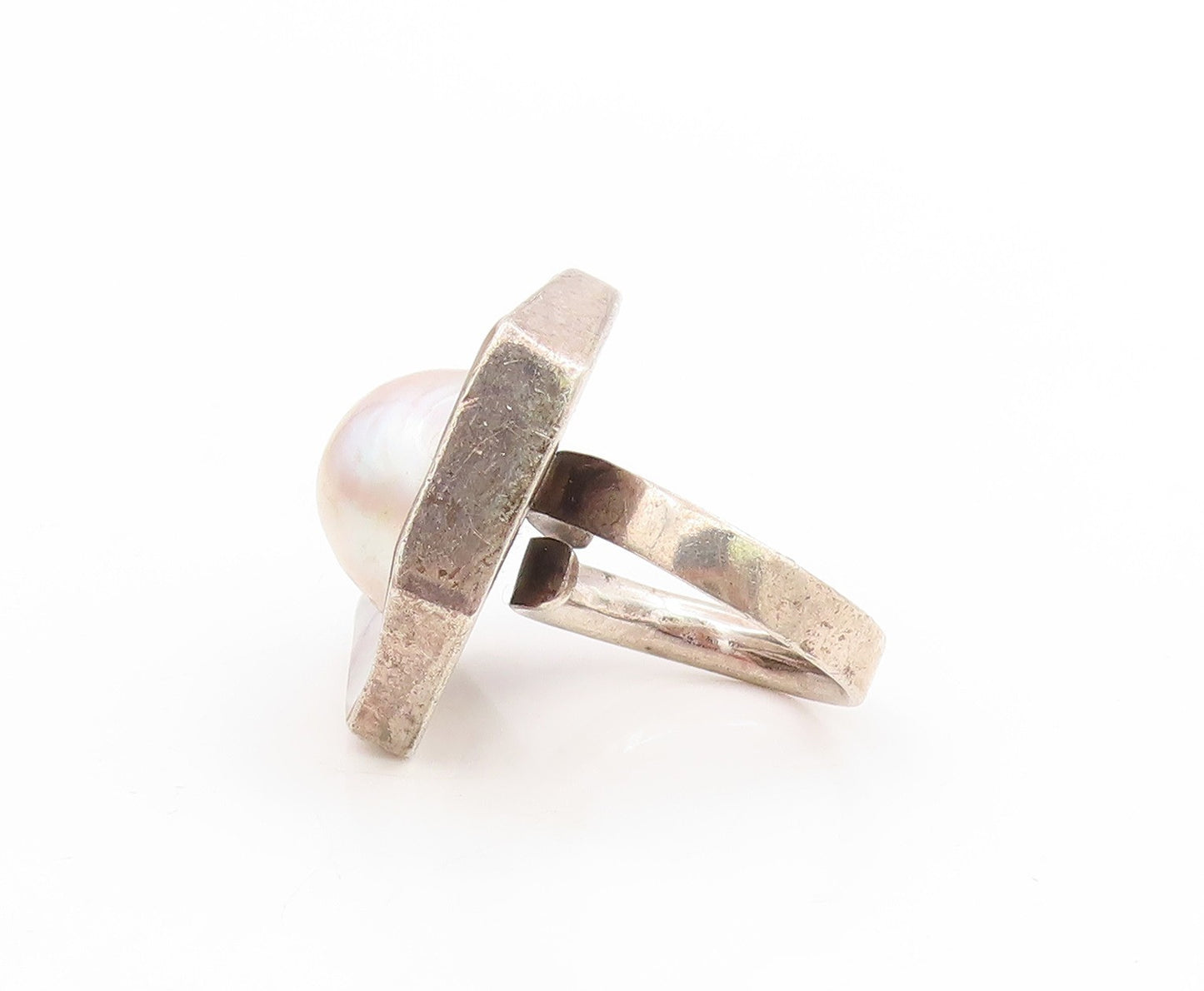 925 Sterling Silver Vintage Ring Mother Of Pearl Hexagonal Band  Sz 8  RG34083