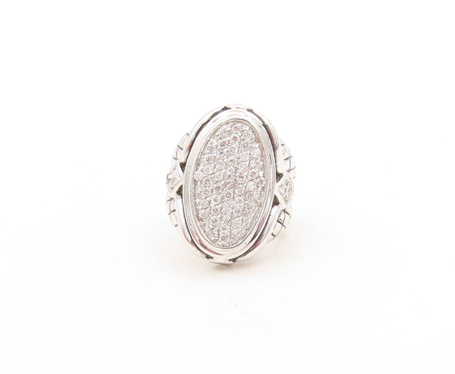 925 Sterling Silver Vintage Ring Net Design Etched Oval CZ Inlay  Sz 6  RG31320