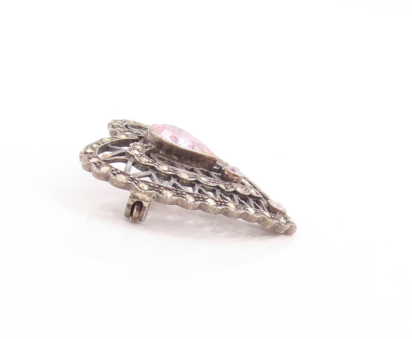 925 Sterling Silver Vintage Brooch Pin Dark Tone Designer Cut CZ Heart  BP11420