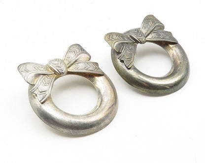 925 Sterling Silver  Vintage Dark Tone Ribbon Bow Wreath Drop Earrings  EG5678