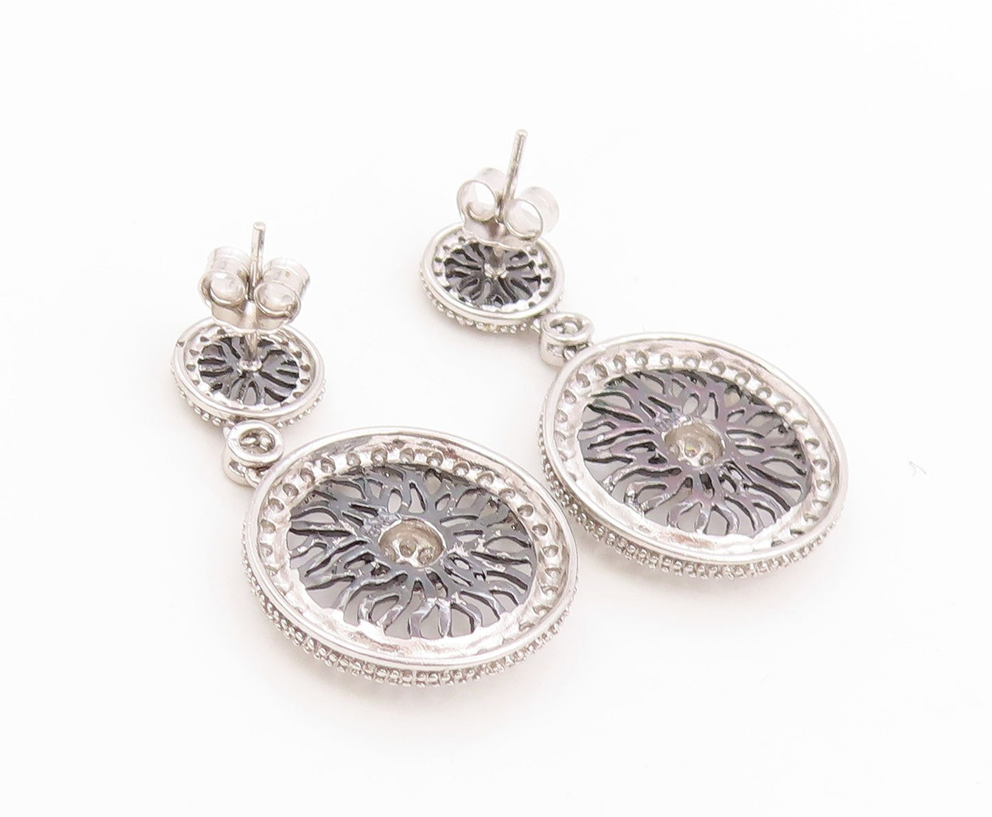 925 Sterling Silver Vintage Earrings CZ Intricate Open Circular Wheels  EG14021