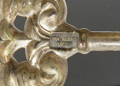 BEAU 925 Sterling Silver  Vintage Dark Tone Key Motif Brooch Pin  BP8572