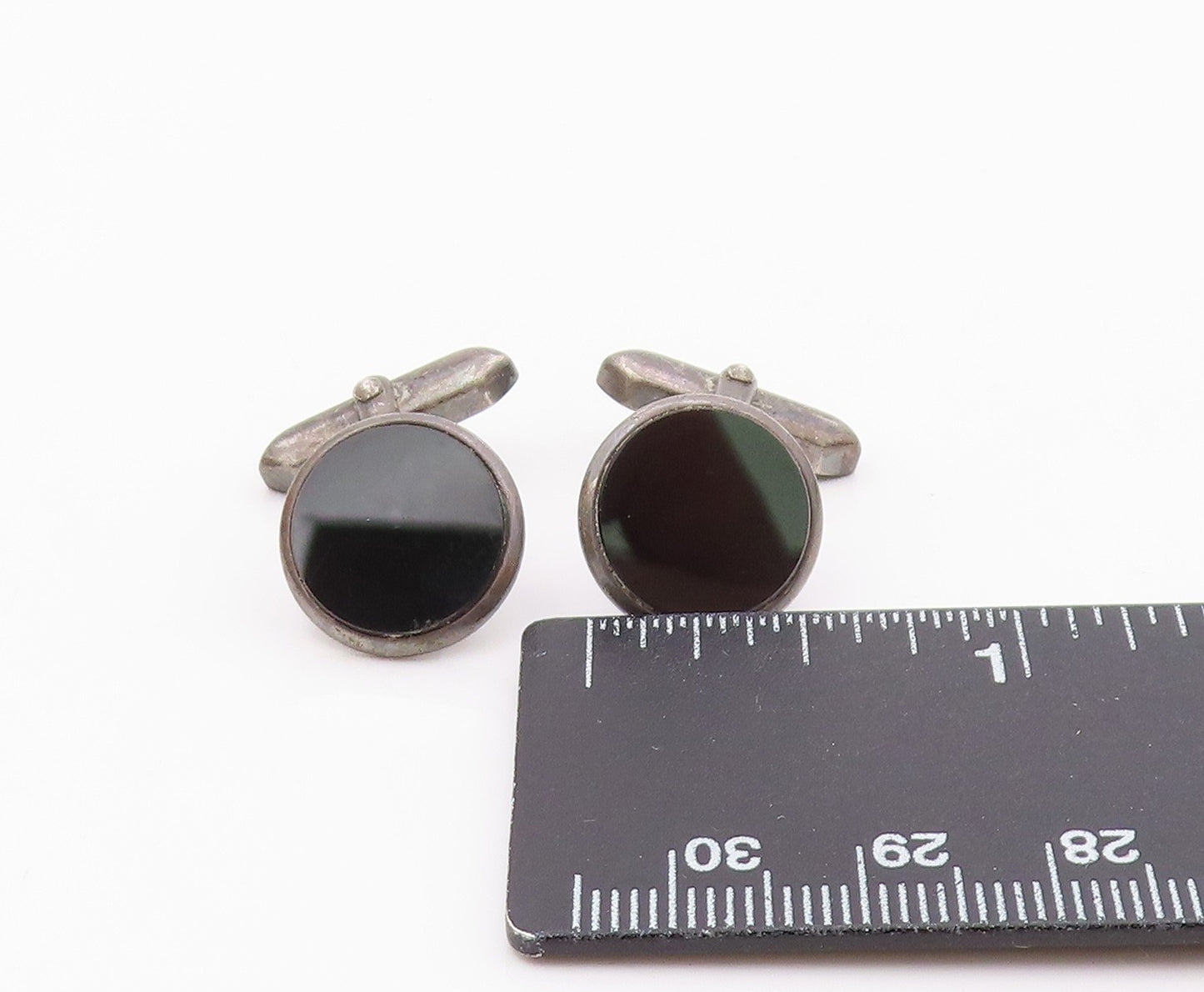 925 Sterling Silver  Vintage Minimalist Round Black Onyx Cuff Links  TR3441